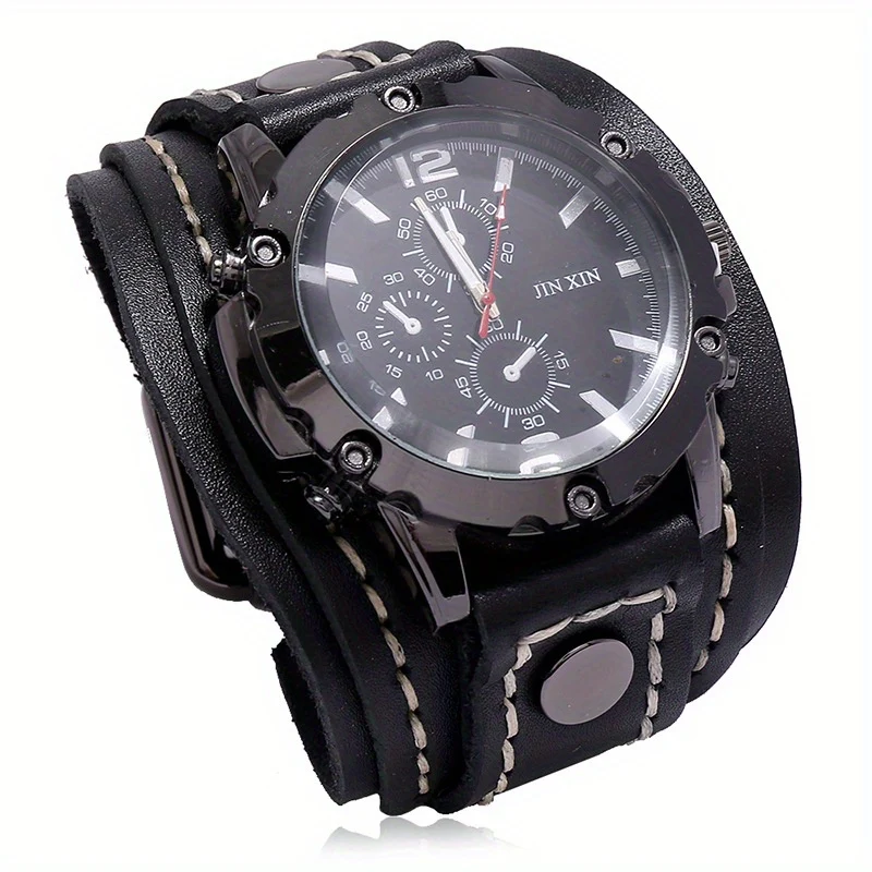 1 Pezzo Di Orologio Vintage In Pelle Di Vacchetta Cucito A Mano, Braccialetto Da Uomo Esagerato