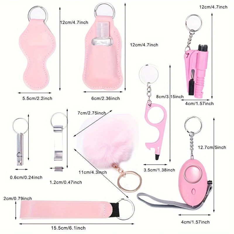 9 Pezzi/set Set Di Portachiavi Per Autodifesa, Set Completo Di Portachiavi Di Sicurezza Con Allarme Personale, Accessori Per Portachiavi Con Rompifinestre Regali Di Compleanno Per Mamme Donne Ragazze