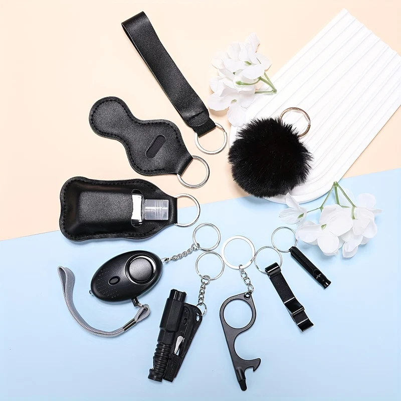 9 Pezzi/set Set Di Portachiavi Per Autodifesa, Set Completo Di Portachiavi Di Sicurezza Con Allarme Personale, Accessori Per Portachiavi Con Rompifinestre Regali Di Compleanno Per Mamme Donne Ragazze