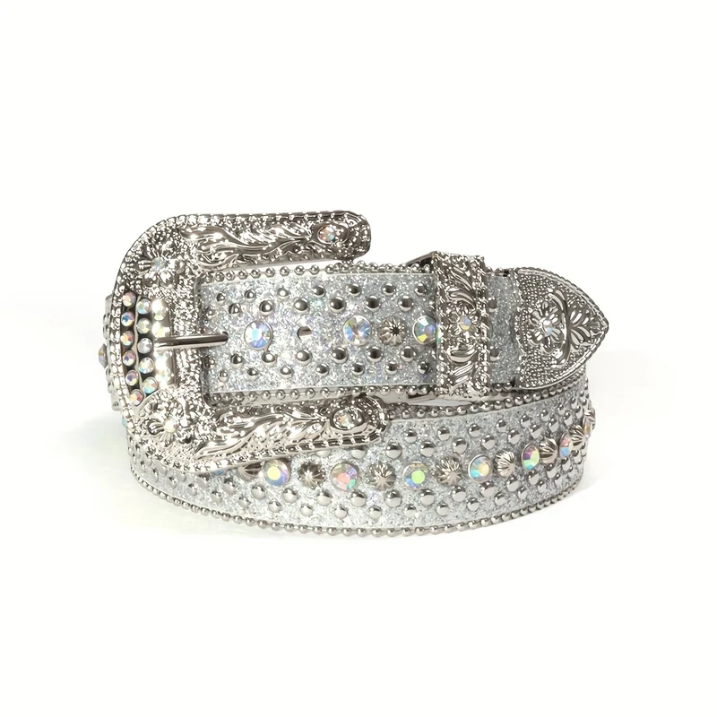 Cintura punk con strass, Cintura occidentale con borchie in pelle PU Y2K, Cintura vintage lussuoso cowboy cowgirl per pantaloni jeans, per uomini donne, sottile