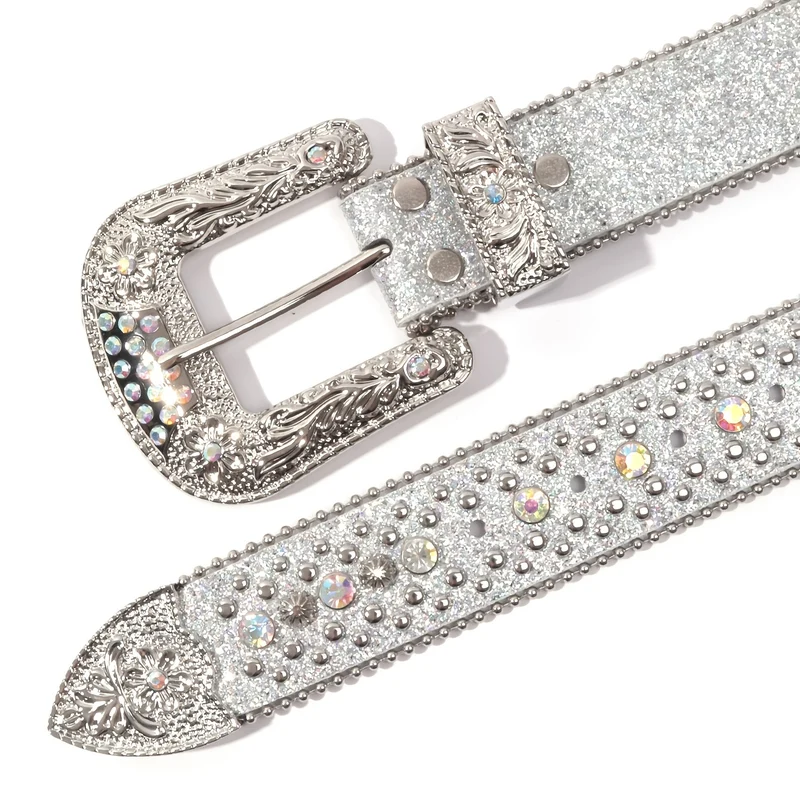 Cintura punk con strass, Cintura occidentale con borchie in pelle PU Y2K, Cintura vintage lussuoso cowboy cowgirl per pantaloni jeans, per uomini donne, sottile