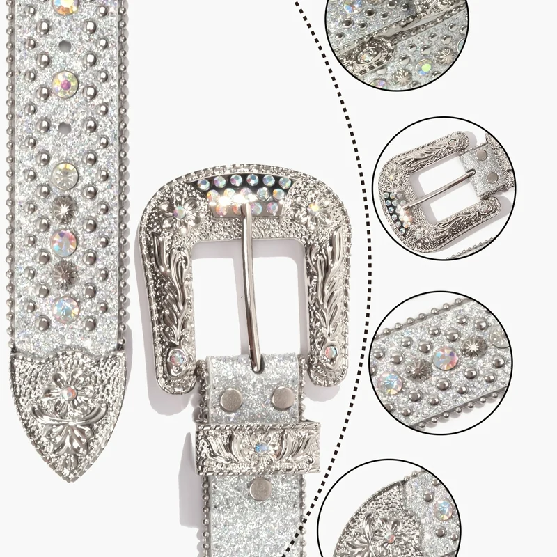 Cintura punk con strass, Cintura occidentale con borchie in pelle PU Y2K, Cintura vintage lussuoso cowboy cowgirl per pantaloni jeans, per uomini donne, sottile