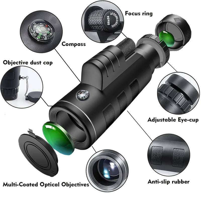 Telescopio monoculare 40x60, monoculare per adulti ad alta potenza, telescopio monoculare per smartphone, con supporto e treppiede, monoculare portatile per adulti per birdwatching, escursionismo, viaggio