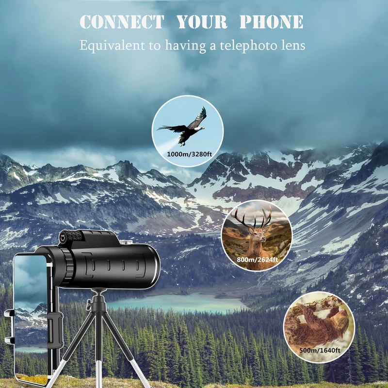 Telescopio monoculare 40x60, monoculare per adulti ad alta potenza, telescopio monoculare per smartphone, con supporto e treppiede, monoculare portatile per adulti per birdwatching, escursionismo, viaggio