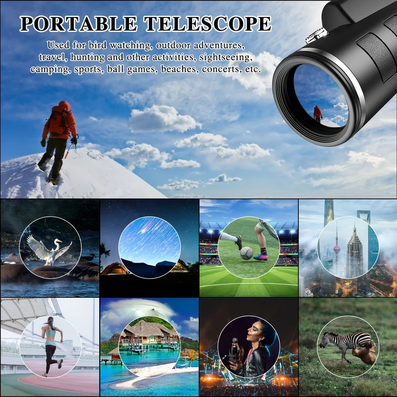 Telescopio monoculare 40x60, monoculare per adulti ad alta potenza, telescopio monoculare per smartphone, con supporto e treppiede, monoculare portatile per adulti per birdwatching, escursionismo, viaggio