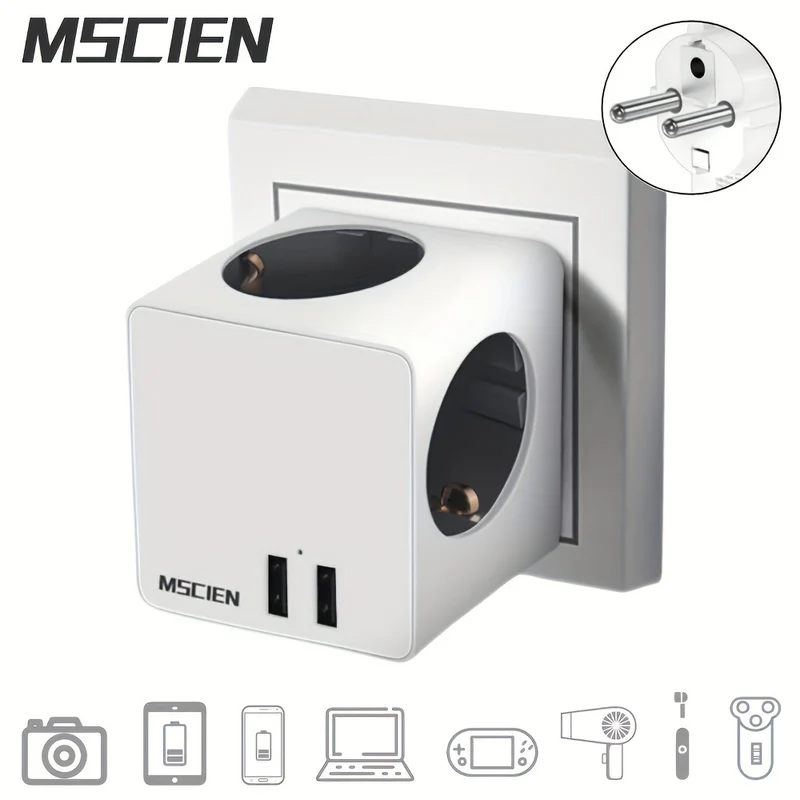 Presa A Muro Con Spina Europea Cube Design 2 Porte USB Per La Ricarica 16A 4000W 250V Adattatore Di Espansione Di Alimentazione Elettrica Per La Casa E L'ufficio Con Protezione Da Sovratensione