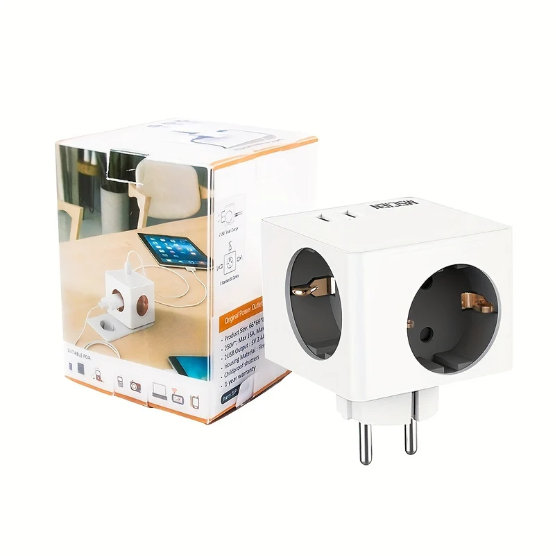 Presa A Muro Con Spina Europea Cube Design 2 Porte USB Per La Ricarica 16A 4000W 250V Adattatore Di Espansione Di Alimentazione Elettrica Per La Casa E L'ufficio Con Protezione Da Sovratensione