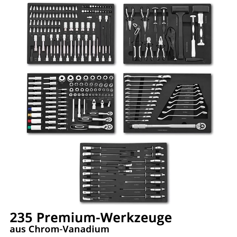 STAHLWERK Werkstattwagen SHARK bestückt mit 235 Premium-Werkzeugen aus Chrom-Vanadium abschließbarer Werkzeugwagen | Profi Montagewagen mit 7 Schubladen und gummierten Long-Life-Rollen