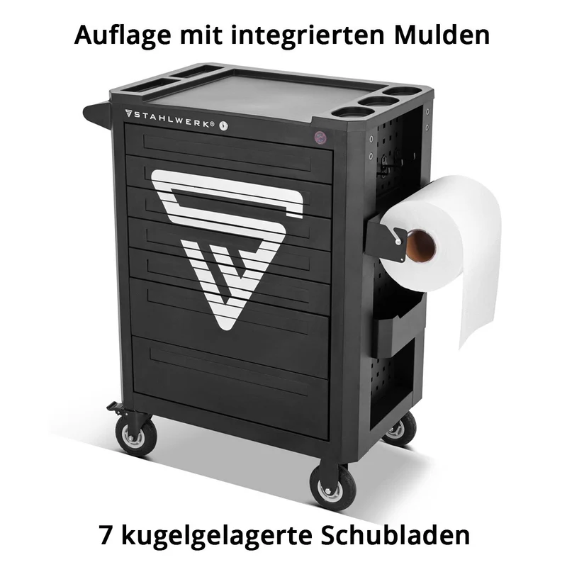 STAHLWERK Werkstattwagen SHARK bestückt mit 235 Premium-Werkzeugen aus Chrom-Vanadium abschließbarer Werkzeugwagen | Profi Montagewagen mit 7 Schubladen und gummierten Long-Life-Rollen