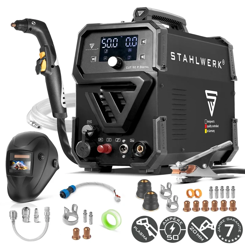 STAHLWERK Plasmaschneider CUT 50 P Digital Vollausstattung | 50A Inverter-Plasmaschneider | Blowback-Zündung | Digitalanzeige | THC-Schnittstelle für CNC | Schneidleistung bis 20 mm | 2T/4T-Funktion