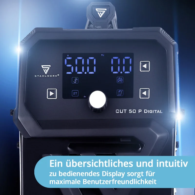 STAHLWERK Plasmaschneider CUT 50 P Digital | 50A Inverter-Plasmaschneider | Blowback-Zündung | Digitalanzeige | THC-Schnittstelle für CNC | Schneidleistung bis 20 mm | Plasma Cutter mit 2T/4T-Funktion