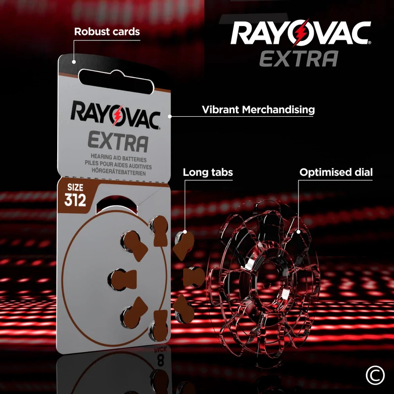 64 Batterie per Apparecchi Acustici Rayovac Extra Misura 312-8 Blister da 8 Pile