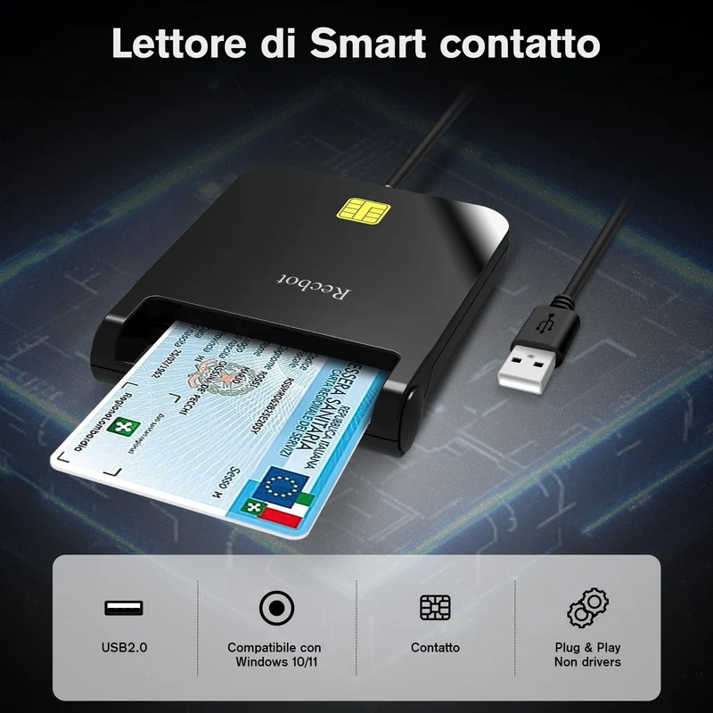 Recbot lettore smart card firma digitale, Lettore Smart Card Tessera Sanitaria, Lettore Smart Card CNS, Lettore di Smart CRS/CNS Compatibile con Windows 10 e Windows 11