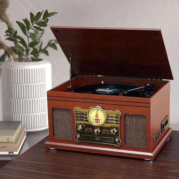 Mersoco Giradischi Vinile Bluetooth con altoparlanti stereo, Convertitore LP da vinile a MP3 con CD, lettore di cassette, radio FM, Aux in e prese per cuffie