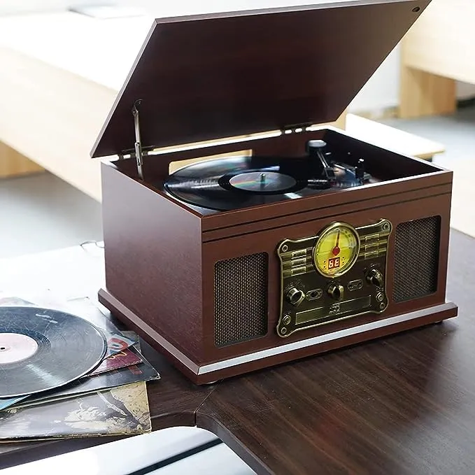 Mersoco Giradischi Vinile Bluetooth con altoparlanti stereo, Convertitore LP da vinile a MP3 con CD, lettore di cassette, radio FM, Aux in e prese per cuffie