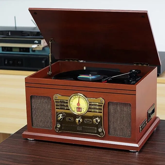 Mersoco Giradischi Vinile Bluetooth con altoparlanti stereo, Convertitore LP da vinile a MP3 con CD, lettore di cassette, radio FM, Aux in e prese per cuffie