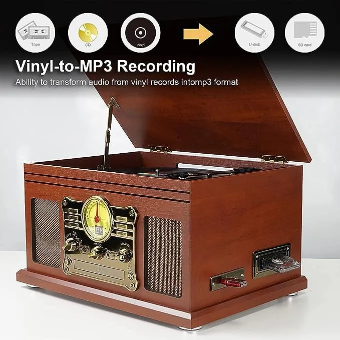 Mersoco Giradischi Vinile Bluetooth con altoparlanti stereo, Convertitore LP da vinile a MP3 con CD, lettore di cassette, radio FM, Aux in e prese per cuffie