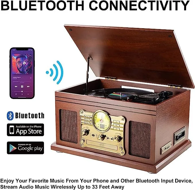Mersoco Giradischi Vinile Bluetooth con altoparlanti stereo, Convertitore LP da vinile a MP3 con CD, lettore di cassette, radio FM, Aux in e prese per cuffie
