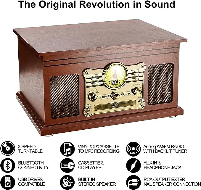 Mersoco Giradischi Vinile Bluetooth con altoparlanti stereo, Convertitore LP da vinile a MP3 con CD, lettore di cassette, radio FM, Aux in e prese per cuffie