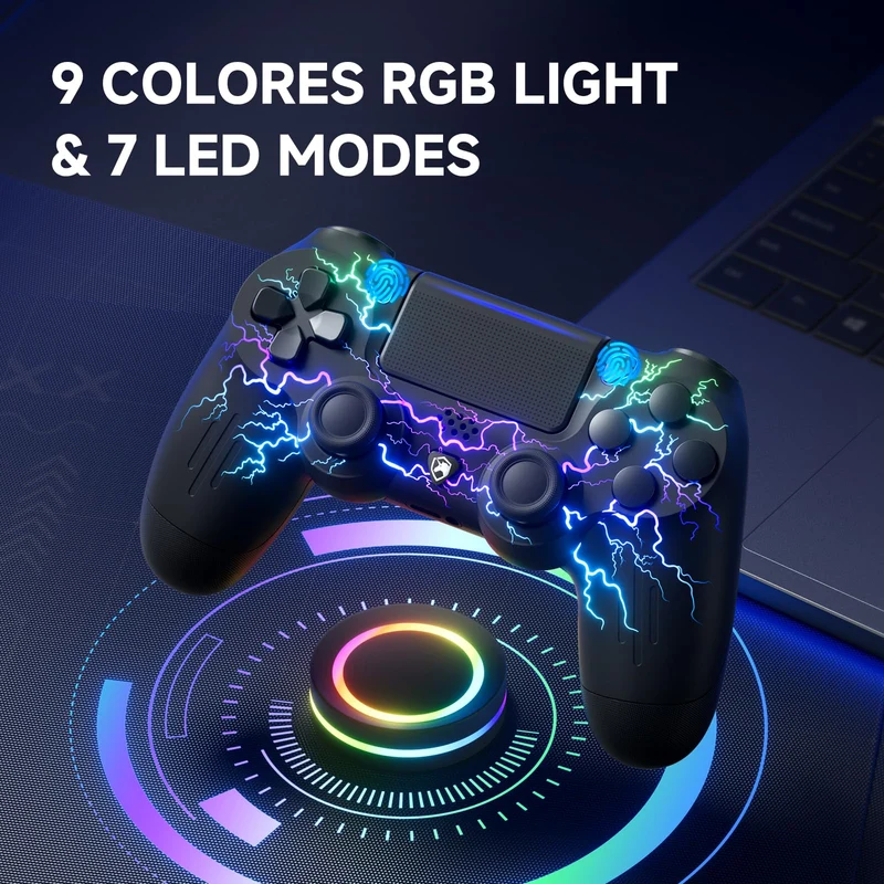 ECHTPower Controller Wireless per PS4, Joystick con Luci RGB per PS4/Pro/Slim/PC, Batteria da 1000mAH, Doppia Vibrazione, Giroscopio, jack per Cuffie da 3,5mm, Controller Ergonomico e Antiscivolo