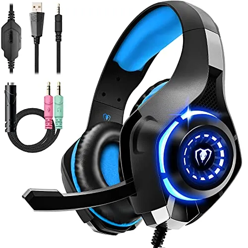 Tatybo Cuffie Gaming, Cuffie Gaming con Microfono Noise Cancelling, Stereo Bass Deep, Cuscinetti Auricolari Proteici, per PS4 PS5 PC Xbox One Mac Switch, Blu