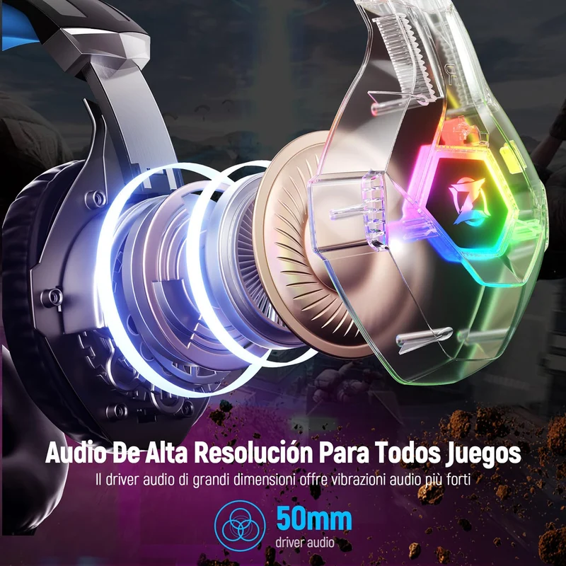 Ozeino Cuffie Gaming per Ps4 Ps5 PC Xboxone, Cuffie con Microfono Cancellazione del Rumore, 3D Surround Sound, Cuffie Comfort con LED RGB