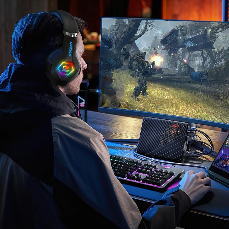 Ozeino Cuffie Gaming per Ps4 Ps5 PC Xboxone, Cuffie con Microfono Cancellazione del Rumore, 3D Surround Sound, Cuffie Comfort con LED RGB