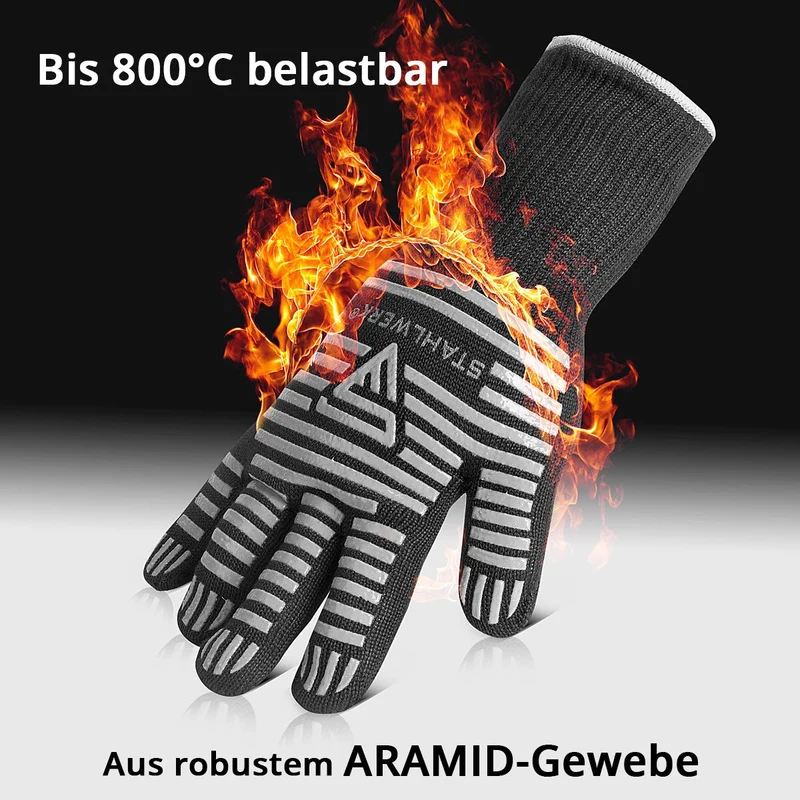 STAHLWERK Hitzebeständige Handschuhe bis 800°C EN 407:2004 Feuerfeste Hitzeschutzhandschuhe | Thermohandschuhe | Arbeitshandschuhe aus robustem ARAMID-Gewebe