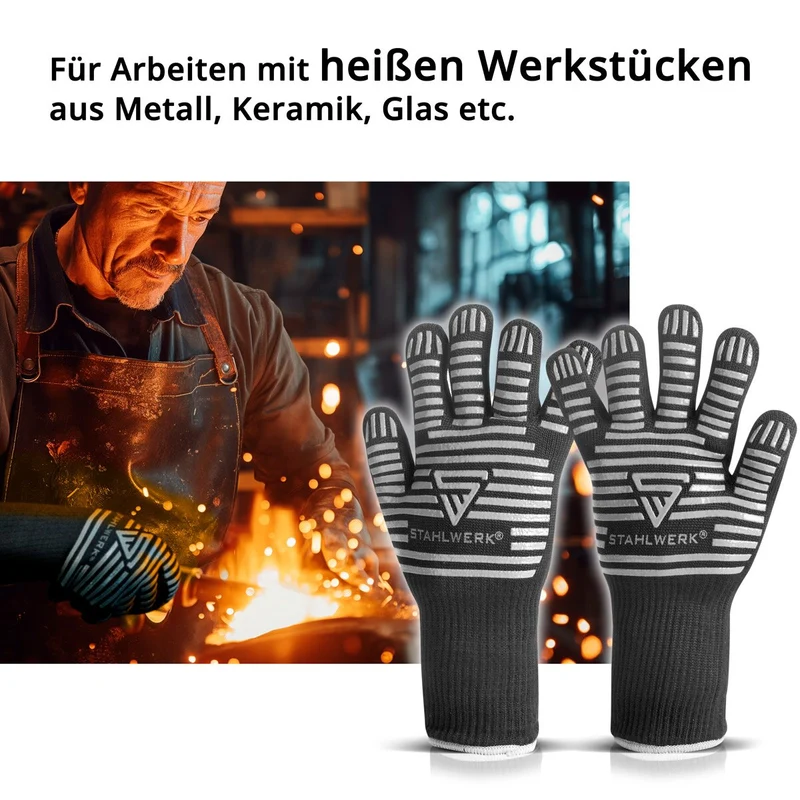 STAHLWERK Hitzebeständige Handschuhe bis 800°C EN 407:2004 Feuerfeste Hitzeschutzhandschuhe | Thermohandschuhe | Arbeitshandschuhe aus robustem ARAMID-Gewebe