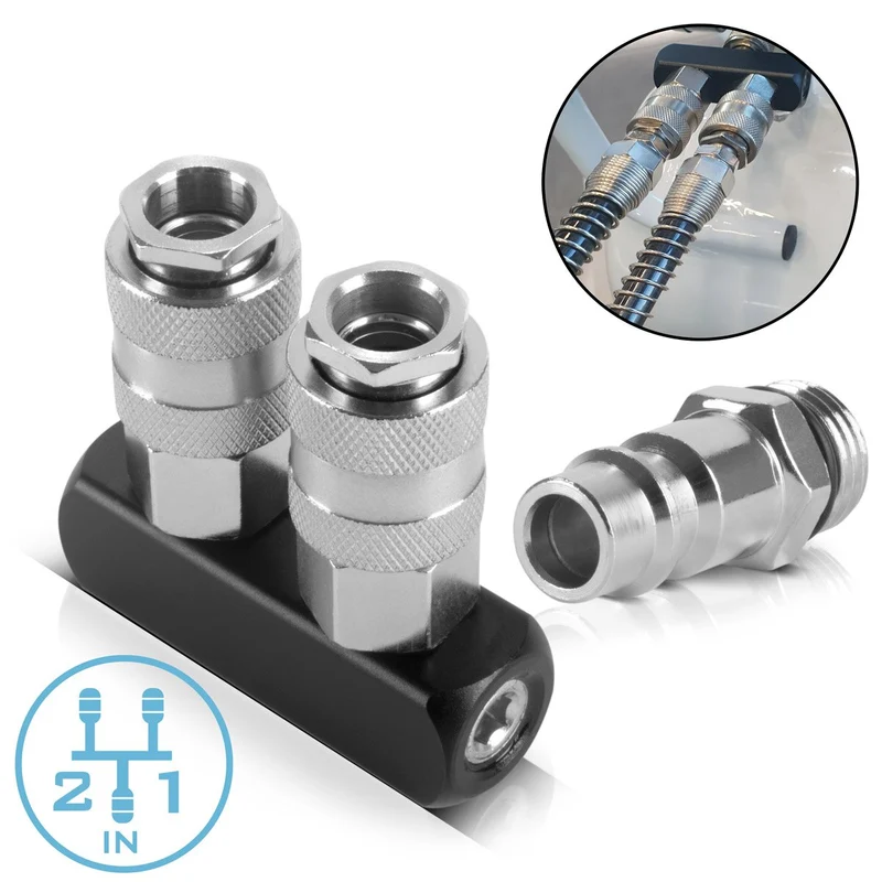 STAHLWERK 2-fach Druckluft-Verteiler | 2-Wege-Verteiler-Anschluss | Druckluft-Adapter | Pneumatik-Verteiler bis 35 bar mit Schnellkupplung NW 7.2 und 1/4 Zoll Anschlussgewinde für Druckluft-Kompressoren