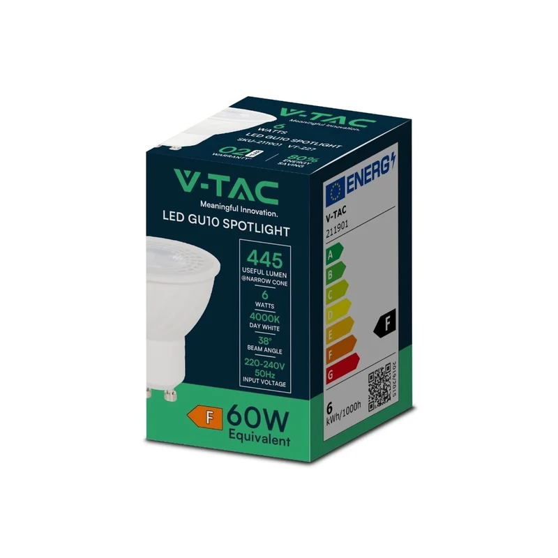 SKU 211891 VT-227 V-TAC PRO Faretto LED Chip Samsung GU10 6W 38° 3000K LAMPADINA LED