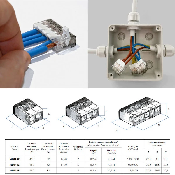 Connettore Rapido a Levetta Contact Trasparente 3 Poli | 32A 250V | Cavi 0.2–4mm²