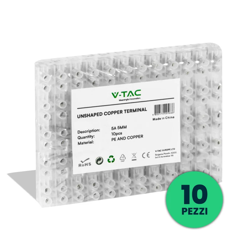 V-TAC Morsettiera 12 Connettori per Cavo Elettrico 5A 5mm Colore Bianco (Confezione 10 Pezzi - 120 Connettori)