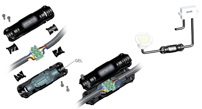 Scatola giunzione IP68 a 2 vie con gel ed ancoraggio cavo 3x2,5mmq, D.esterno cavo 6,5-12mm, connettori inclusi| serie PAGURO STEAB | 5650/3 |Made in Italy