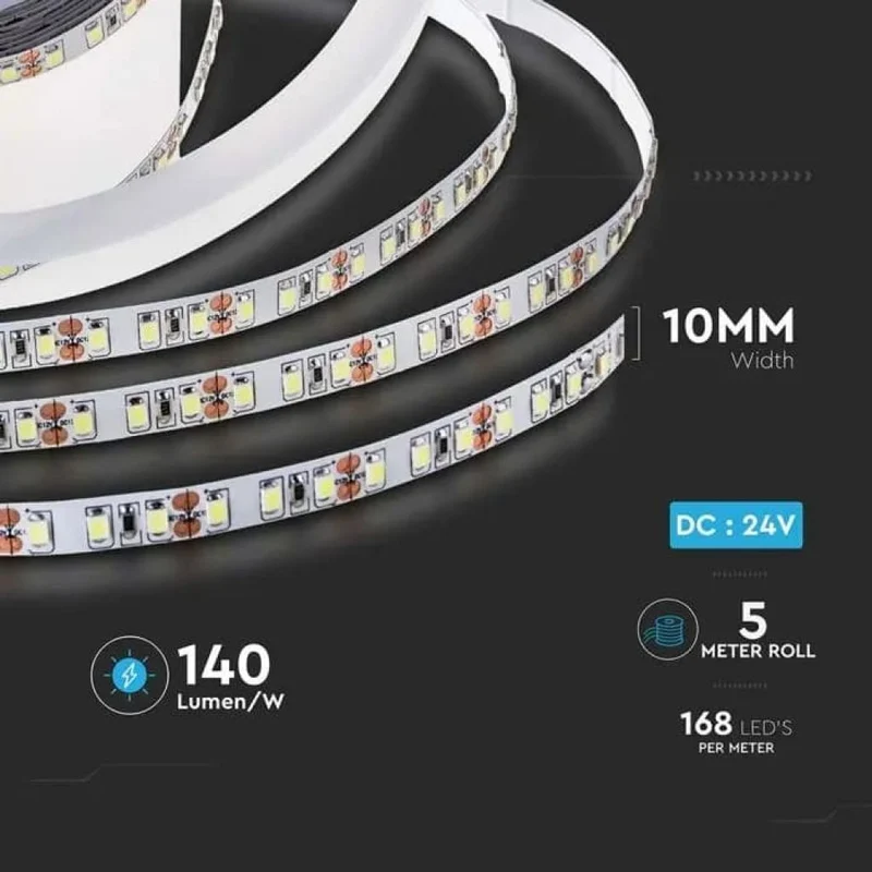 5MT SKU 212596 VT-2835 168 V-TAC Strip LED SMD2835 12W/m 168 LED/m 140LM/W 24V 3000K IP20 10mm