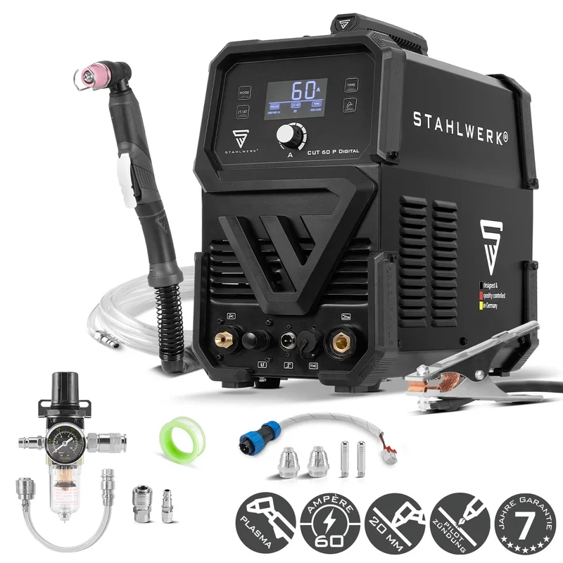 STAHLWERK Plasmaschneider CUT 60 P Digital | 60 A Inverter-Plasmaschneider | HF-Pilotzündung | Digitalanzeige | THC-Schnittstelle für CNC | Schneidleistung bis 20 mm | Plasma Cutter mit 2T/4T-Funktion