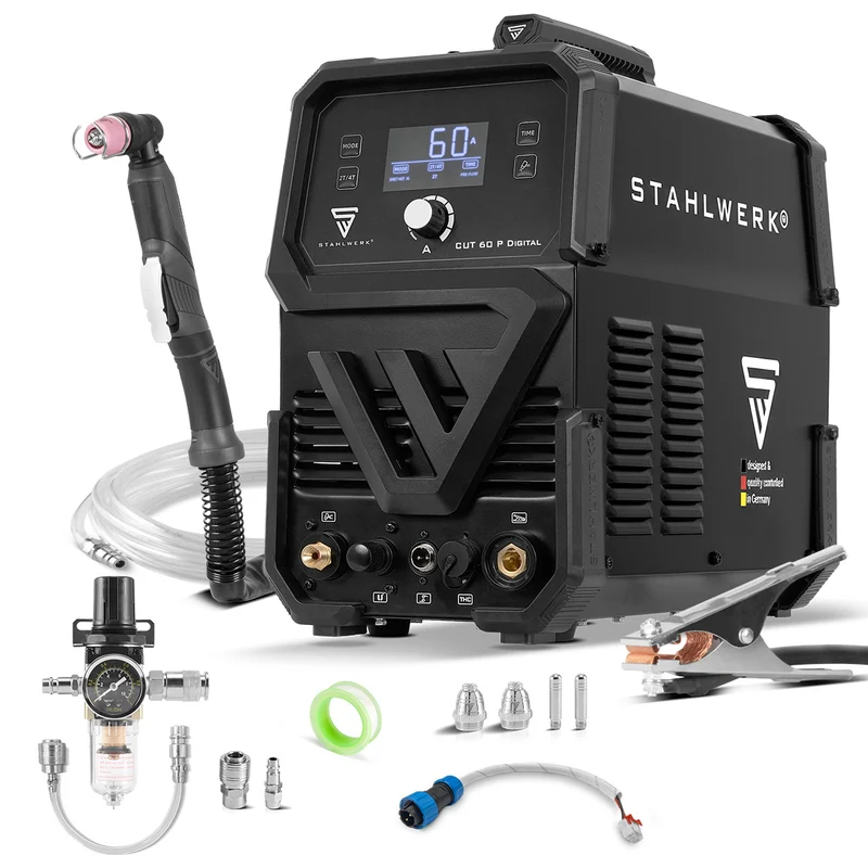STAHLWERK Plasmaschneider CUT 60 P Digital | 60 A Inverter-Plasmaschneider | HF-Pilotzündung | Digitalanzeige | THC-Schnittstelle für CNC | Schneidleistung bis 20 mm | Plasma Cutter mit 2T/4T-Funktion