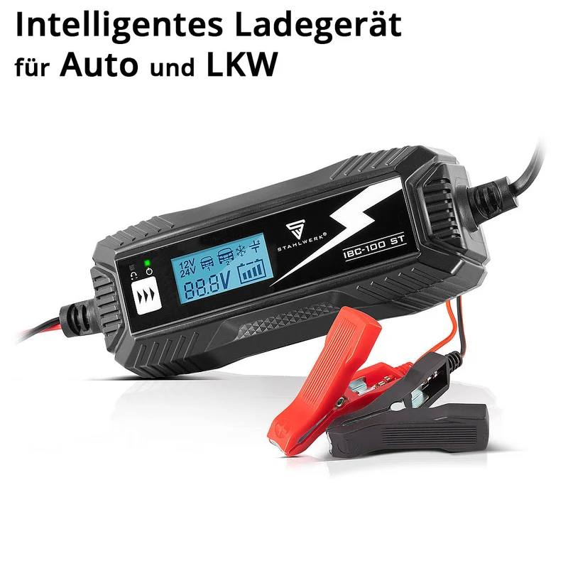 STAHLWERK Batterieladegerät IBC-100 ST mit Mikroprozessor und 10 Lademodi für 12V/24V AGM, VRLA, MF, SLA und GEL-Batterien | Intelligentes Ladegerät für Auto und Motorrad