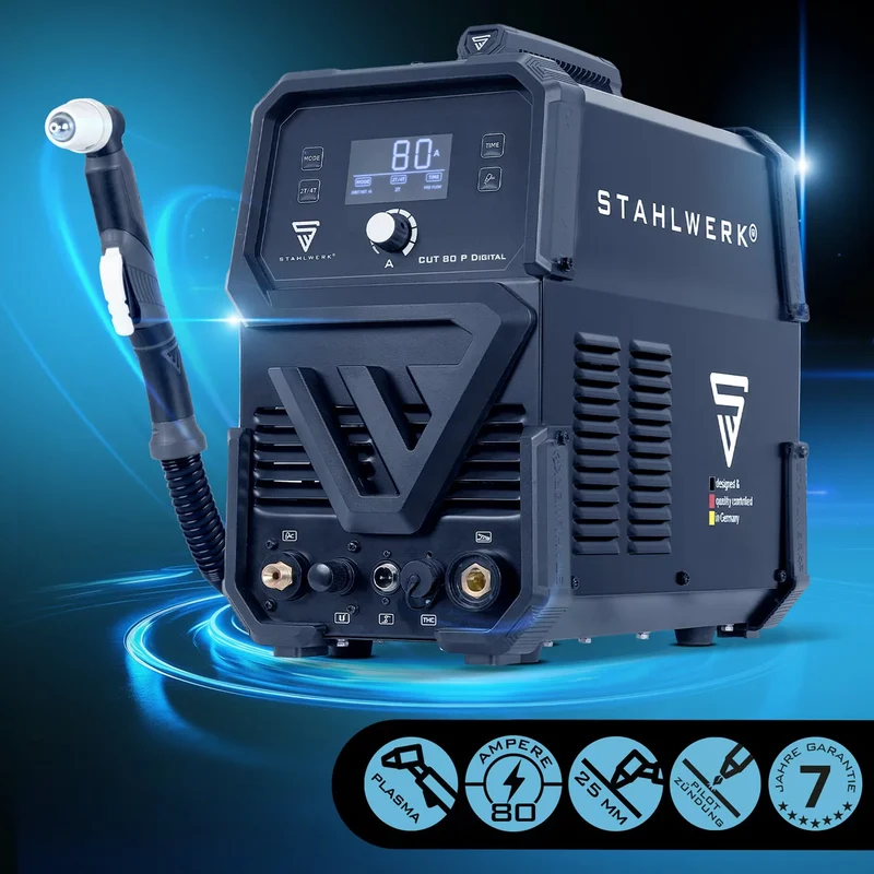 STAHLWERK Plasmaschneider CUT 80 P Digital Vollausstattung | 80 A Inverter-Plasmaschneider | HF-Pilotzündung | Digitalanzeige | THC-Schnittstelle für CNC | Schneidleistung bis 25 mm | Plasma Cutter mit 2T/4T-Funktion