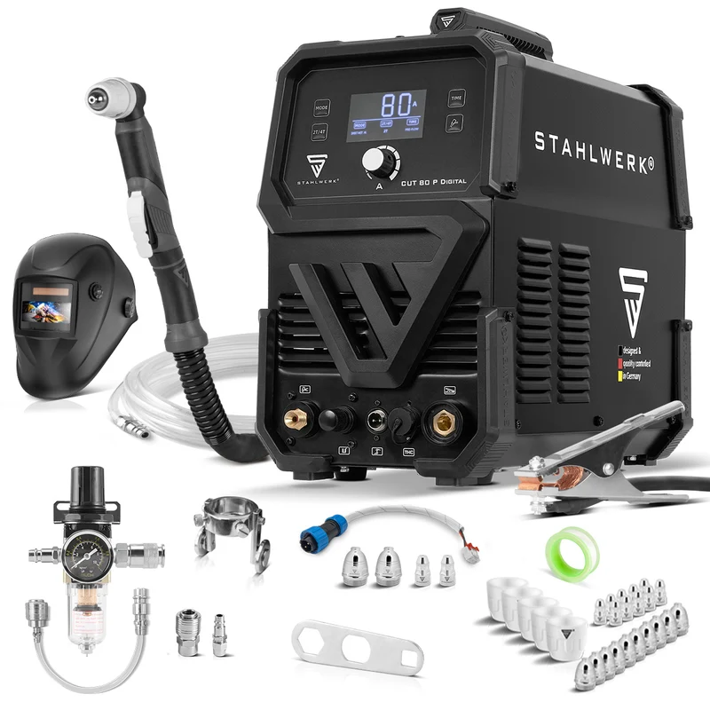 STAHLWERK Plasmaschneider CUT 80 P Digital Vollausstattung | 80 A Inverter-Plasmaschneider | HF-Pilotzündung | Digitalanzeige | THC-Schnittstelle für CNC | Schneidleistung bis 25 mm | Plasma Cutter mit 2T/4T-Funktion
