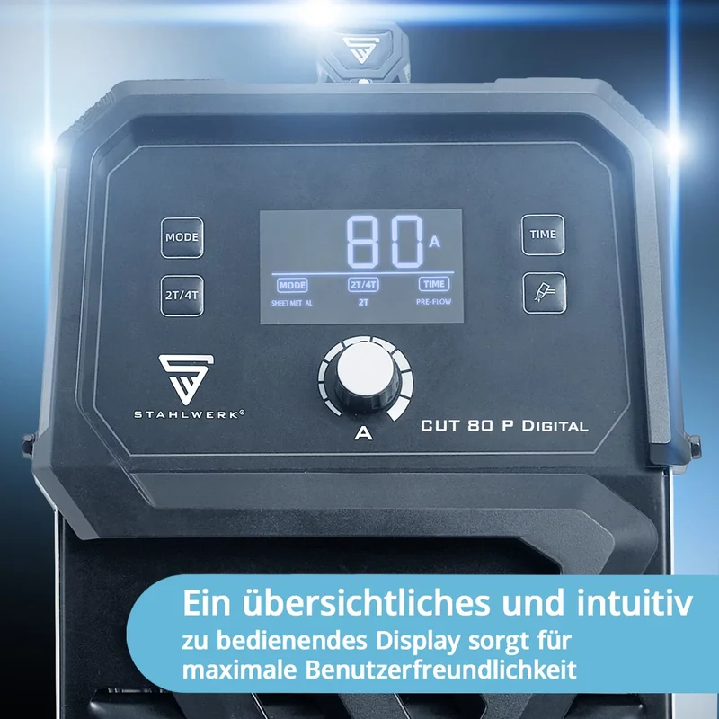 STAHLWERK Plasmaschneider CUT 80 P Digital Vollausstattung | 80 A Inverter-Plasmaschneider | HF-Pilotzündung | Digitalanzeige | THC-Schnittstelle für CNC | Schneidleistung bis 25 mm | Plasma Cutter mit 2T/4T-Funktion