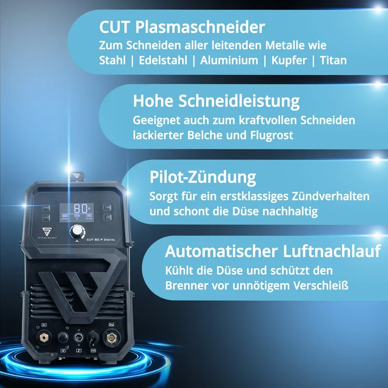 STAHLWERK Plasmaschneider CUT 80 P Digital Vollausstattung | 80 A Inverter-Plasmaschneider | HF-Pilotzündung | Digitalanzeige | THC-Schnittstelle für CNC | Schneidleistung bis 25 mm | Plasma Cutter mit 2T/4T-Funktion