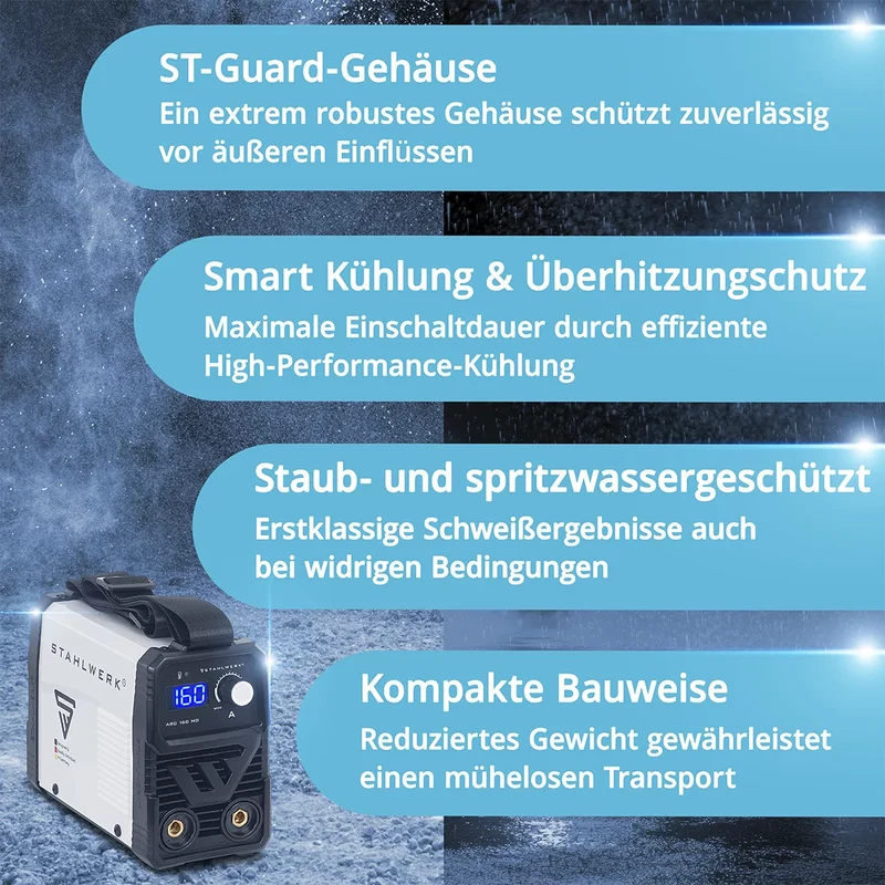 STAHLWERK ARC 160 MD Vollausstattung Elektroden-Schweißgerät - DC MMA, E-Hand, Lift-TIG Welder | Stufenlos regelbar | Echte 160 Ampere | Sehr kompakt und leicht | Hot-Start, Anti-Stick, Smart-Kühlung | IGBT-Technologie