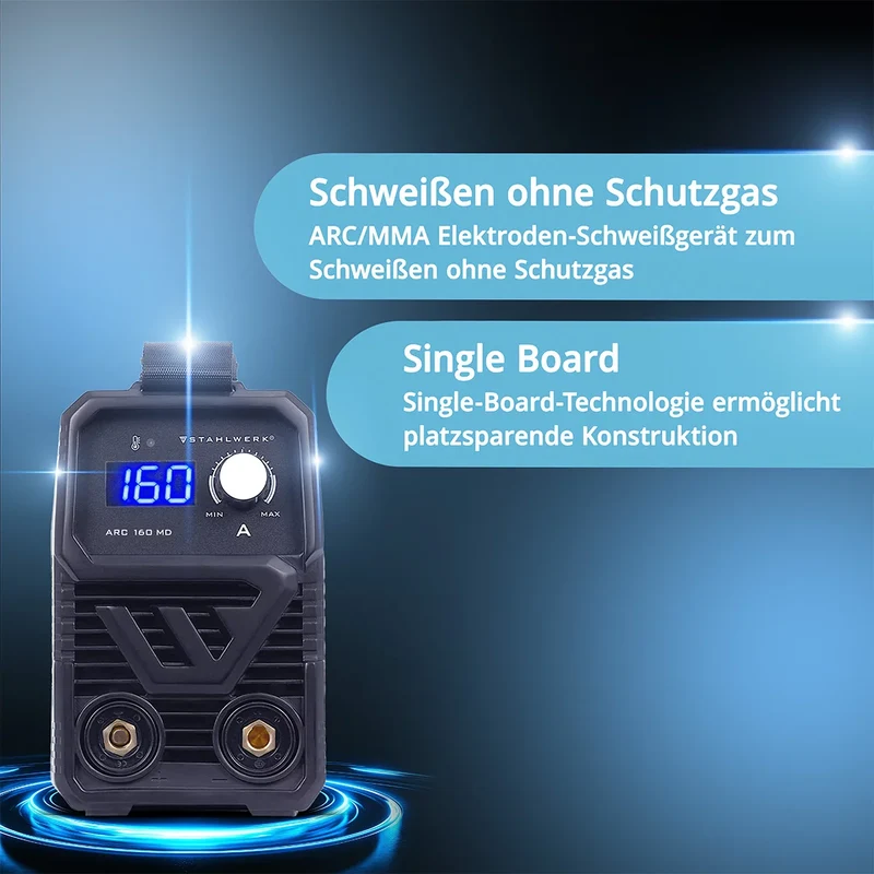 STAHLWERK ARC 160 MD Vollausstattung Elektroden-Schweißgerät - DC MMA, E-Hand, Lift-TIG Welder | Stufenlos regelbar | Echte 160 Ampere | Sehr kompakt und leicht | Hot-Start, Anti-Stick, Smart-Kühlung | IGBT-Technologie