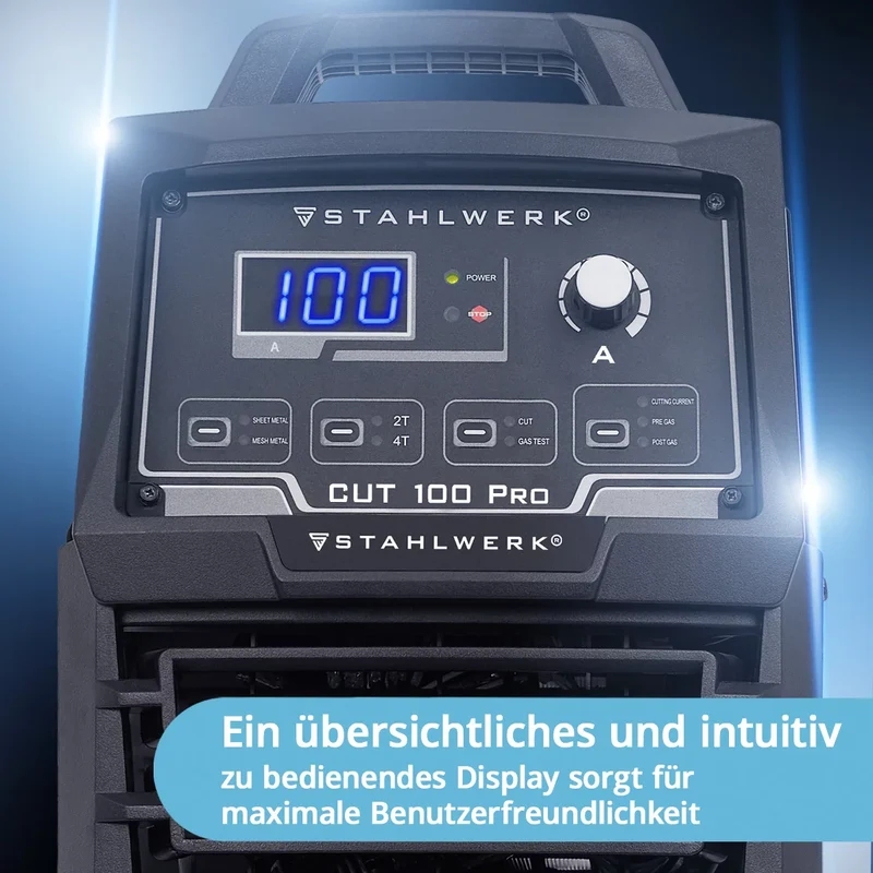 STAHLWERK Plasmaschneider CUT 100 Pro | 100 A Inverter-Plasmaschneider | HF-Pilotzündung | Digitalanzeige | THC-Schnittstelle für CNC | Schneidleistung bis 44 mm | Plasma Cutter mit 2T/4T-Funktion