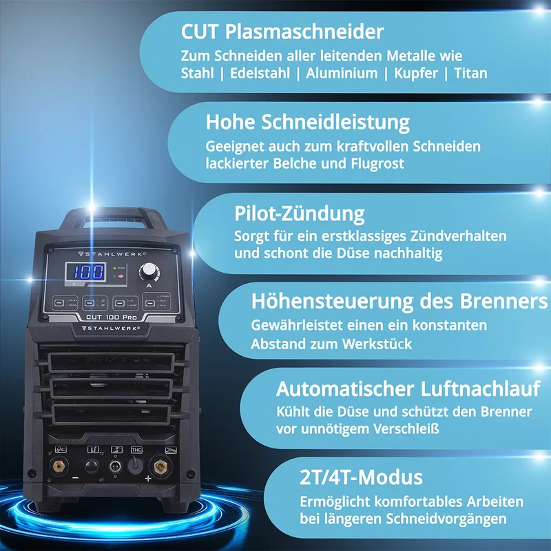 STAHLWERK Plasmaschneider CUT 100 Pro | 100 A Inverter-Plasmaschneider | HF-Pilotzündung | Digitalanzeige | THC-Schnittstelle für CNC | Schneidleistung bis 44 mm | Plasma Cutter mit 2T/4T-Funktion