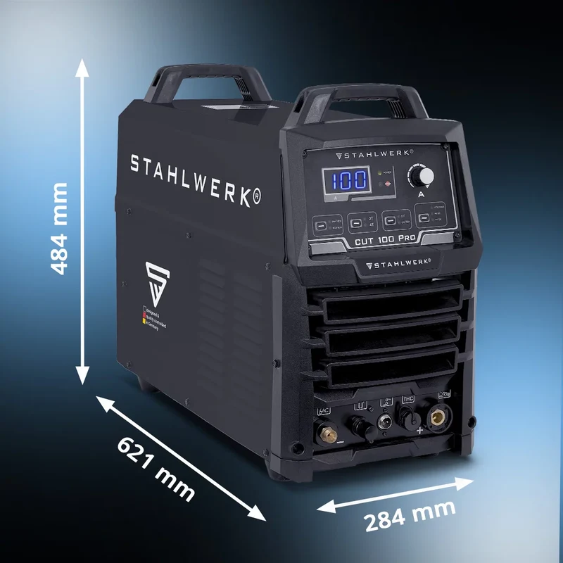 STAHLWERK Plasmaschneider CUT 100 Pro | 100 A Inverter-Plasmaschneider | HF-Pilotzündung | Digitalanzeige | THC-Schnittstelle für CNC | Schneidleistung bis 44 mm | Plasma Cutter mit 2T/4T-Funktion