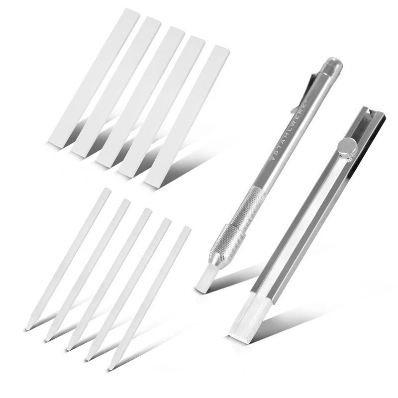 STAHLWERK Schweißerkreide Set 12-teilig, Kreidehalter flach und rund aus Aluminium, Specksteinstifte zum Nachfüllen mit 10 Specksteinkreidestücken zum Markieren auf Stahl, Edelstahl, Aluminium