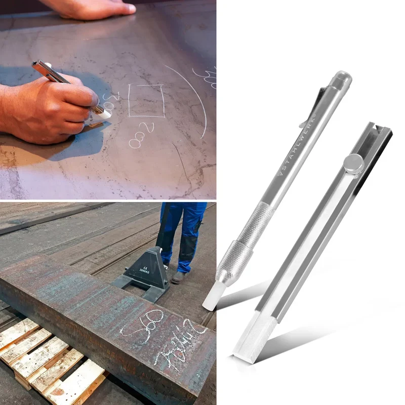 STAHLWERK Schweißerkreide Set 12-teilig, Kreidehalter flach und rund aus Aluminium, Specksteinstifte zum Nachfüllen mit 10 Specksteinkreidestücken zum Markieren auf Stahl, Edelstahl, Aluminium