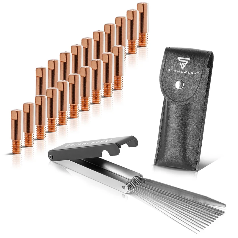 STAHLWERK MIG MAG Stromdüsen-Set | 20er Set Stromdüsen M6x25 0,8 mm |13-in-1 Düsenreiniger im Etui | Zubehör für AK15, MB15, AK14, MB14 | Reinigungs- und Verschleißteile-Set für MIG/MAG-Schweißbrenner